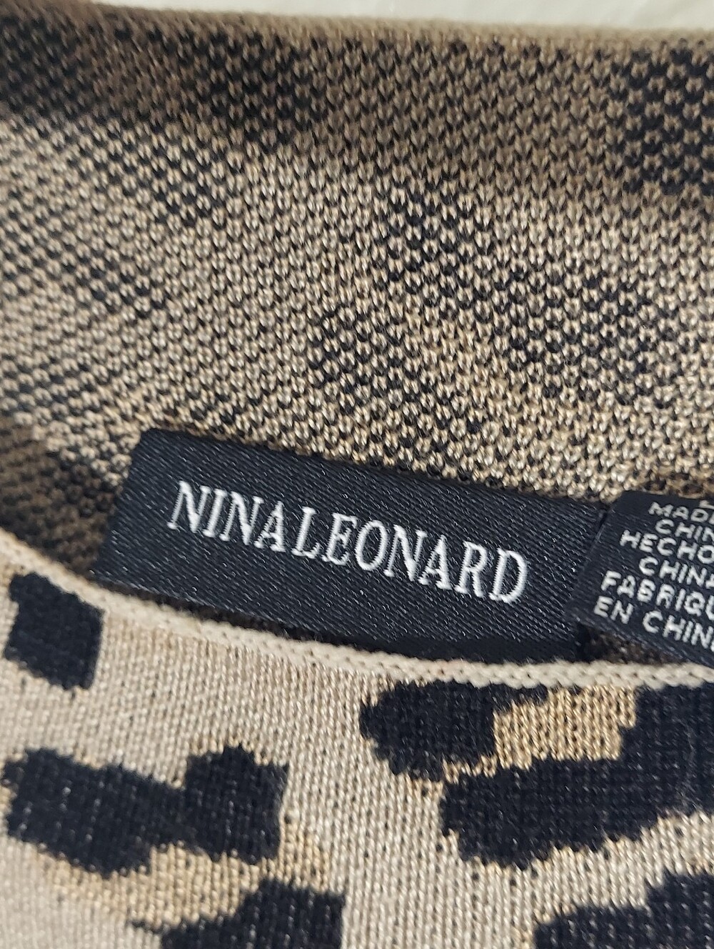 NINA LEONARD Leopard Print Black/Beige Long Sleeve Sweater Dress WM Size L NWT - Picture 3 of 13